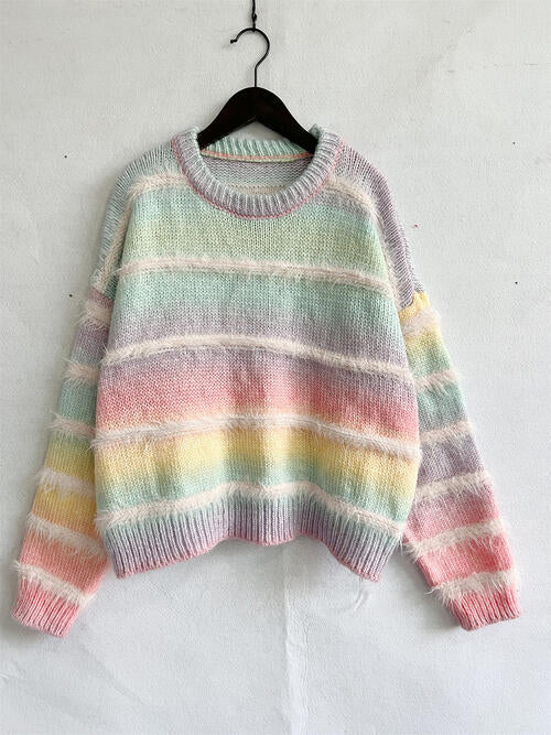Striped Round Neck Long Sleeve Sweater 4 colors