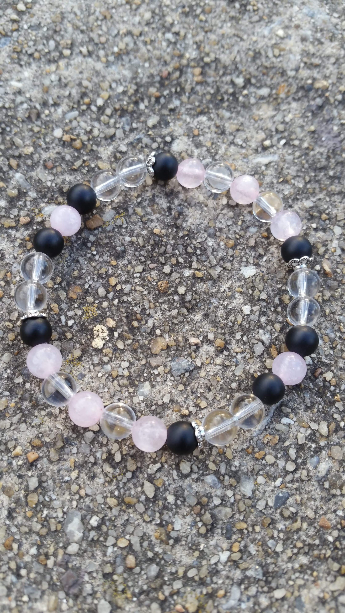 Rose, Clear Quartz & Black Onyx Crystal Bracelet