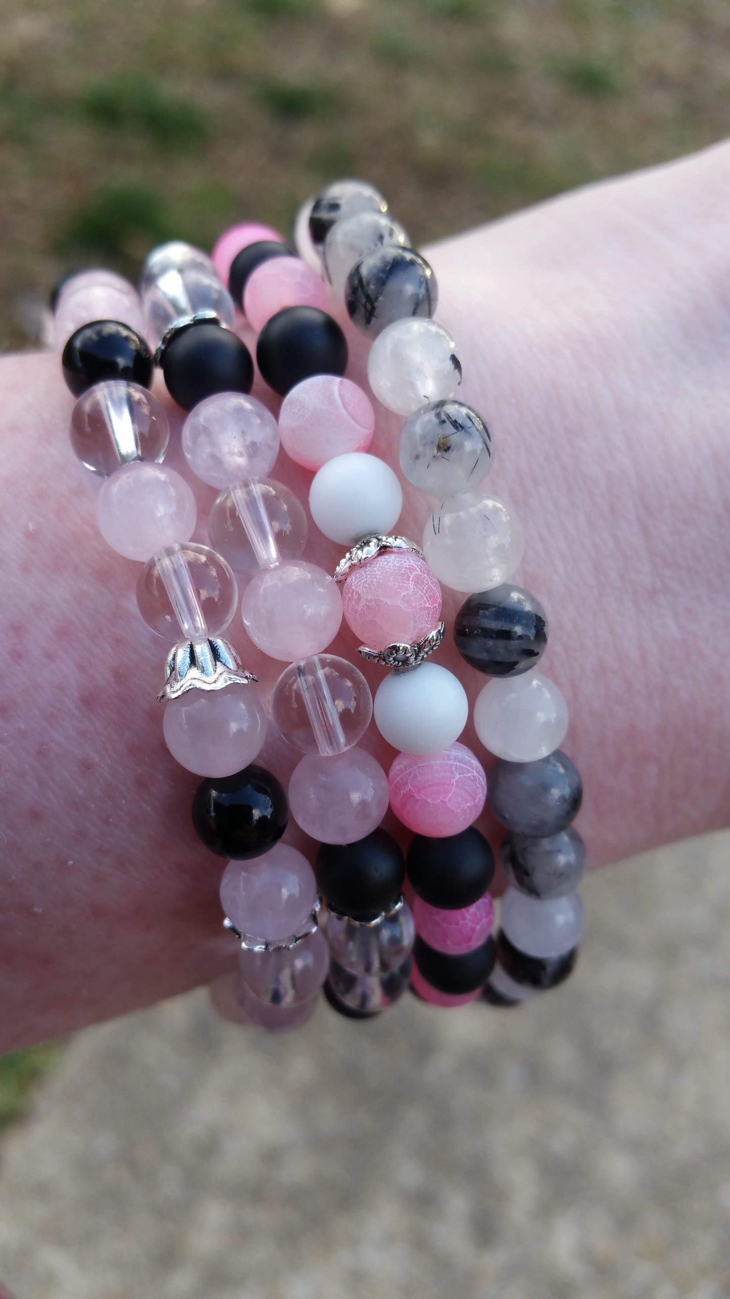 Rose, Clear Quartz & Black Onyx Crystal Bracelet