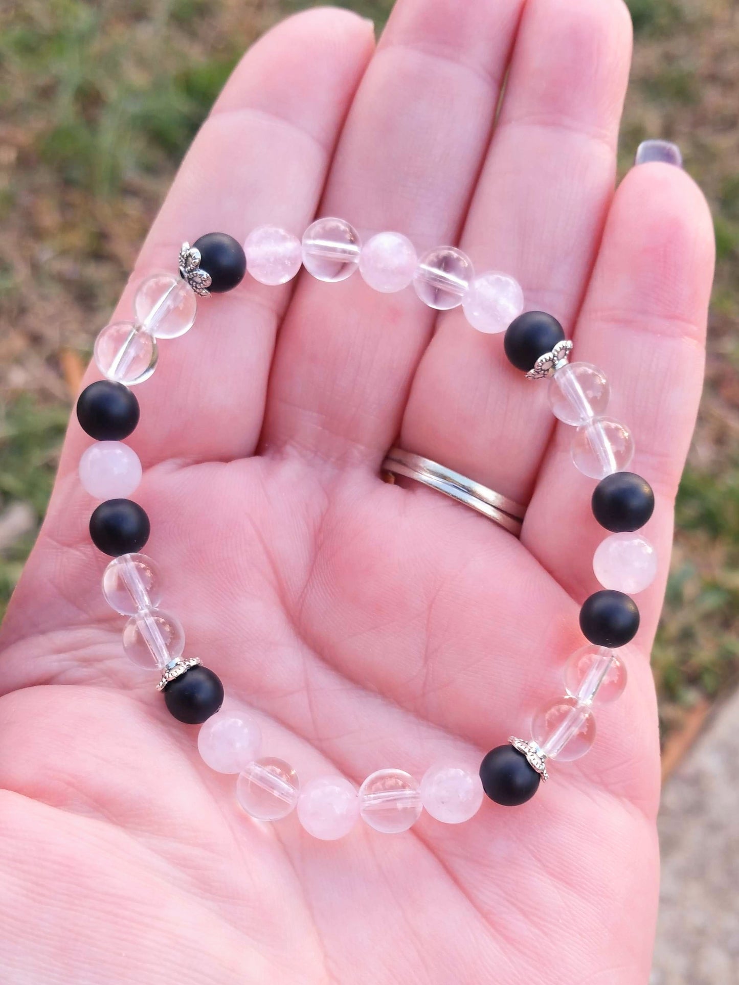 Rose, Clear Quartz & Black Onyx Crystal Bracelet