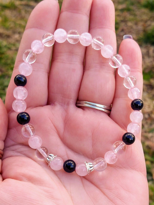 Rose, Clear Quartz & Black Onyx Crystal Bracelet
