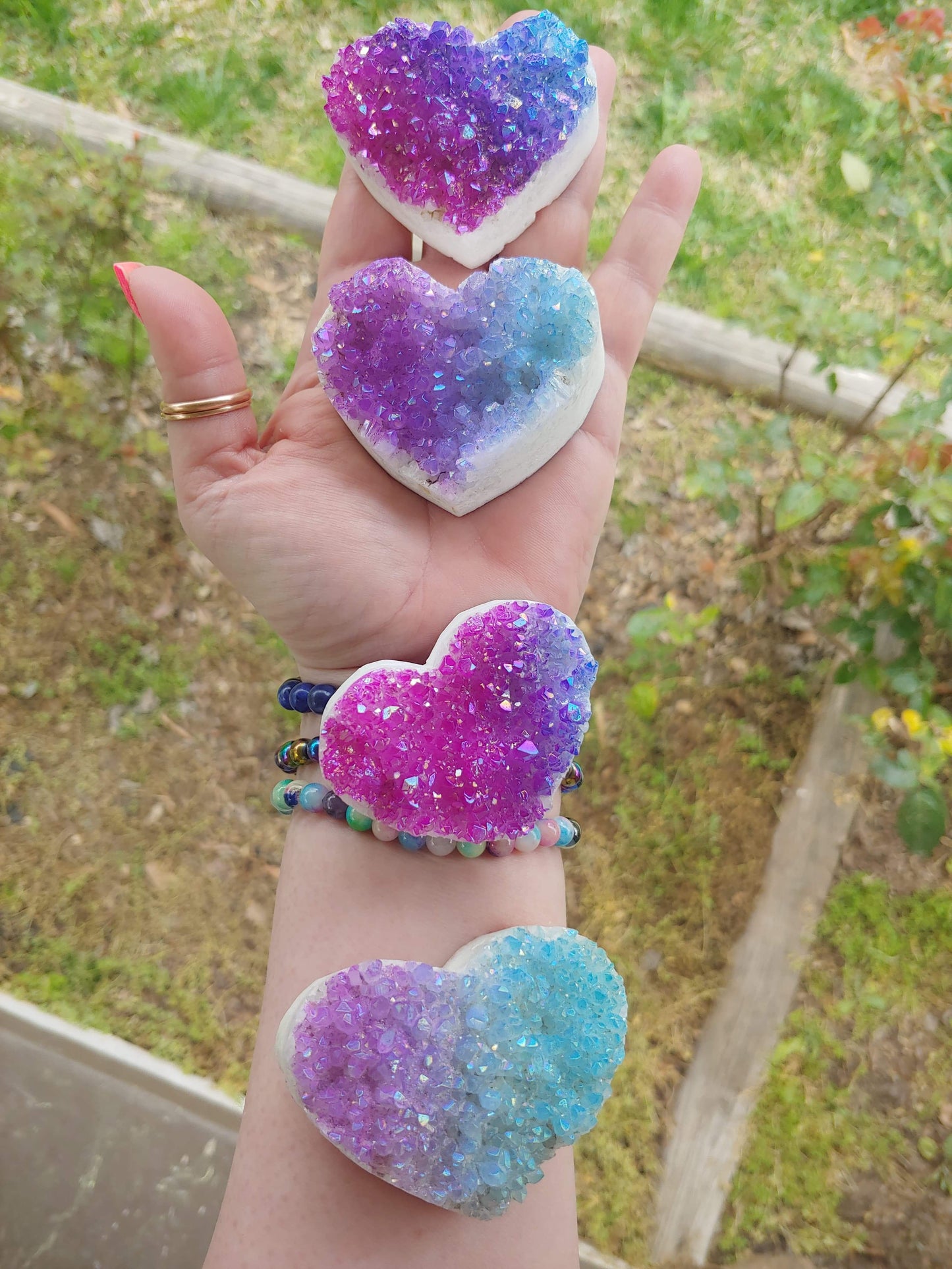 Aura Quartz Heart Clusters