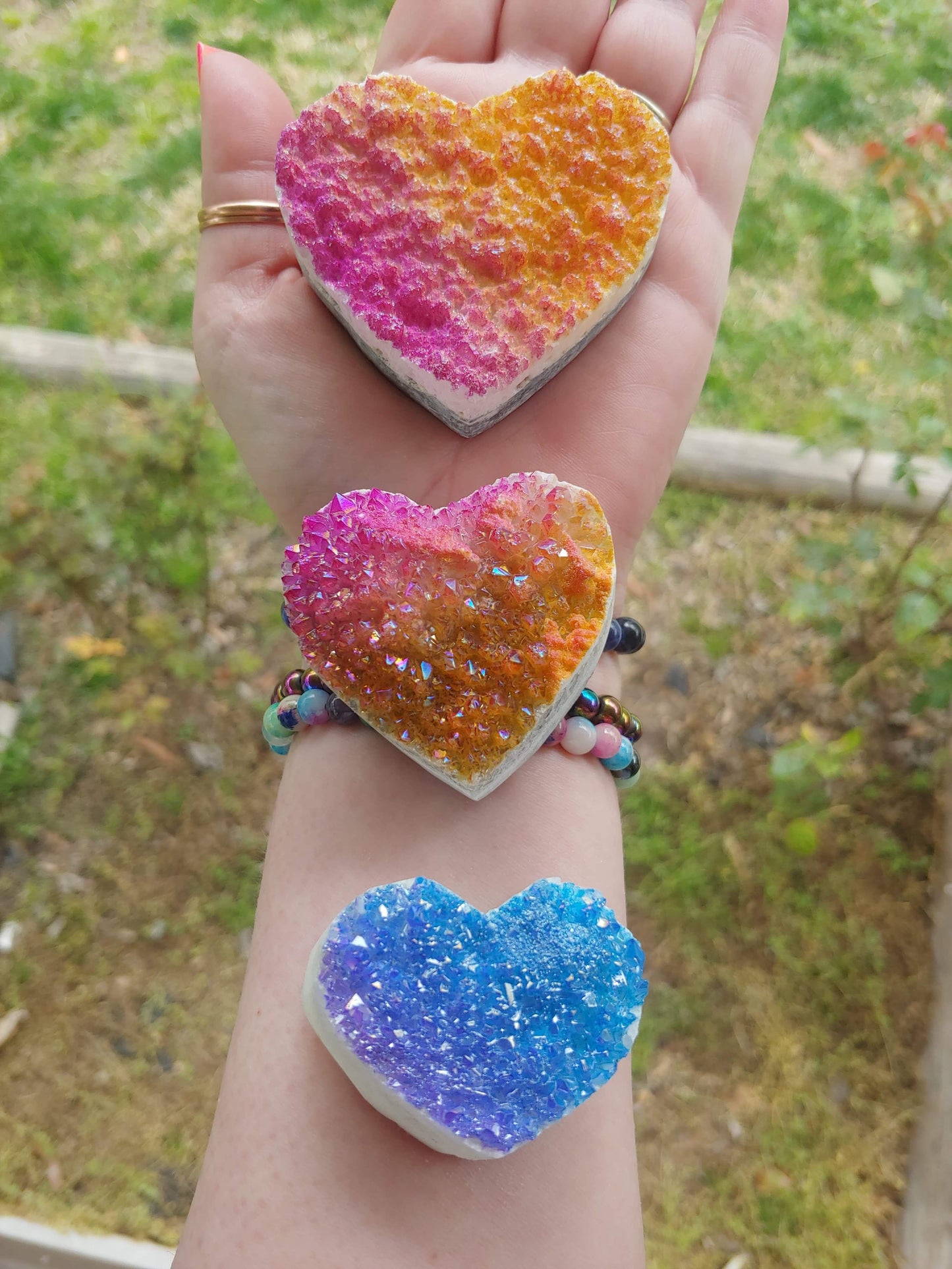 Aura Quartz Heart Clusters