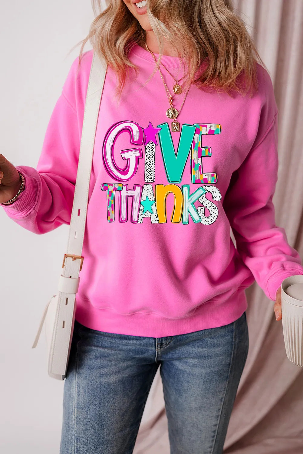 GIVE THANKS Round Neck Long Sleeve Sweatshirt