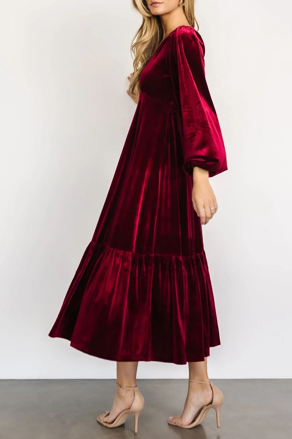 V-Neck Long Sleeve Midi Velvet Dress