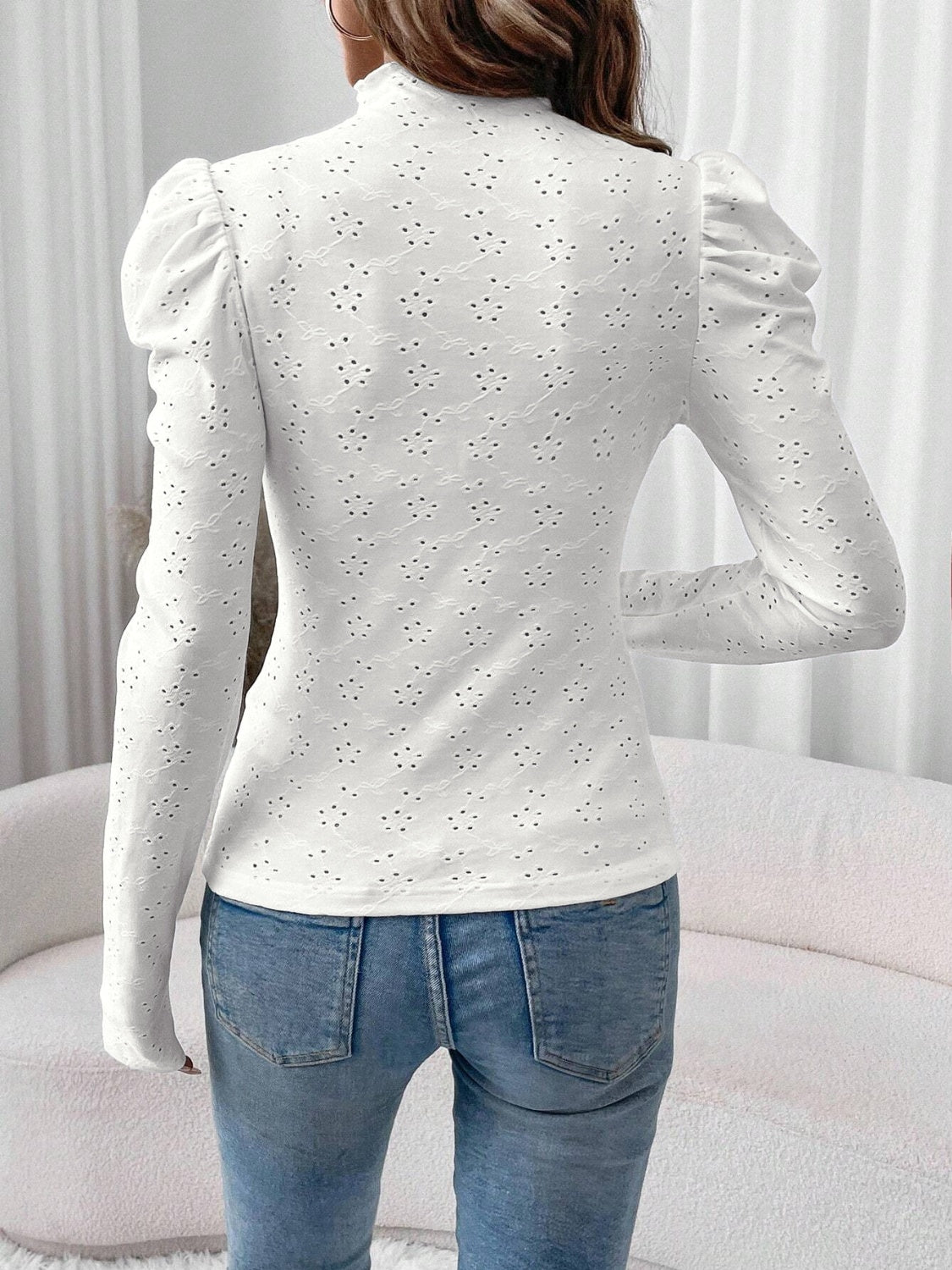 Eyelet Mock Neck Long Sleeve Top