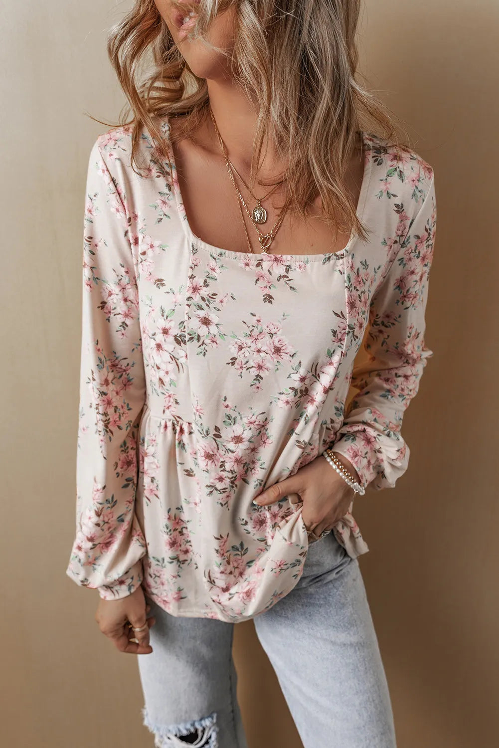 Printed Square Neck Long Sleeve Blouse