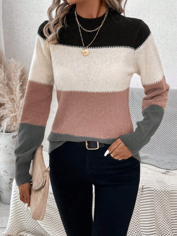 Color Block Mock Neck Long Sleeve Sweater