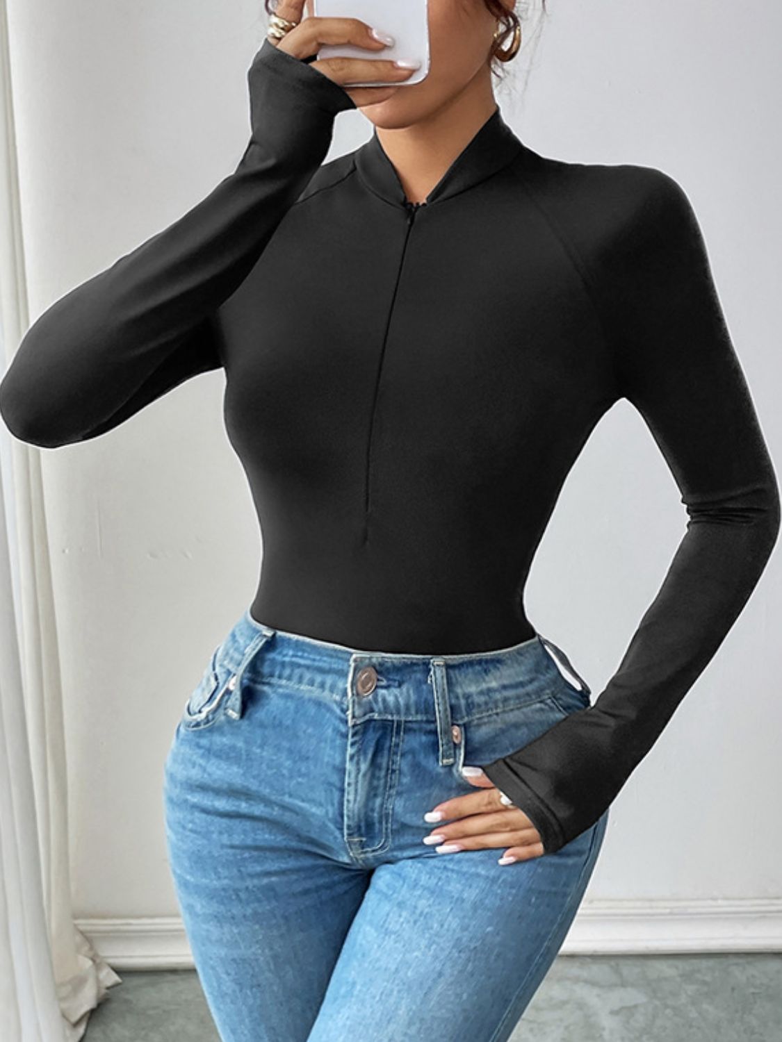 Perfee Half Zip Long Sleeve Bodysuit