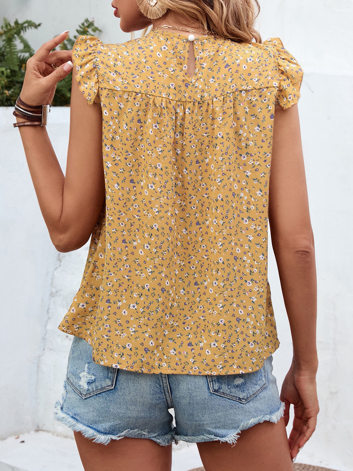 Ruffled Printed Round Neck Cap Sleeve Blouse