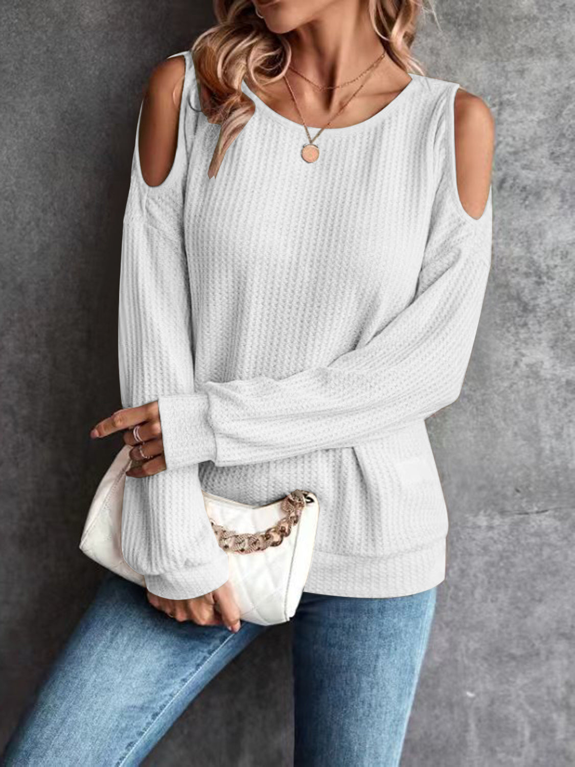 Round Neck Cold-Shoulder Waffle-Knit Top