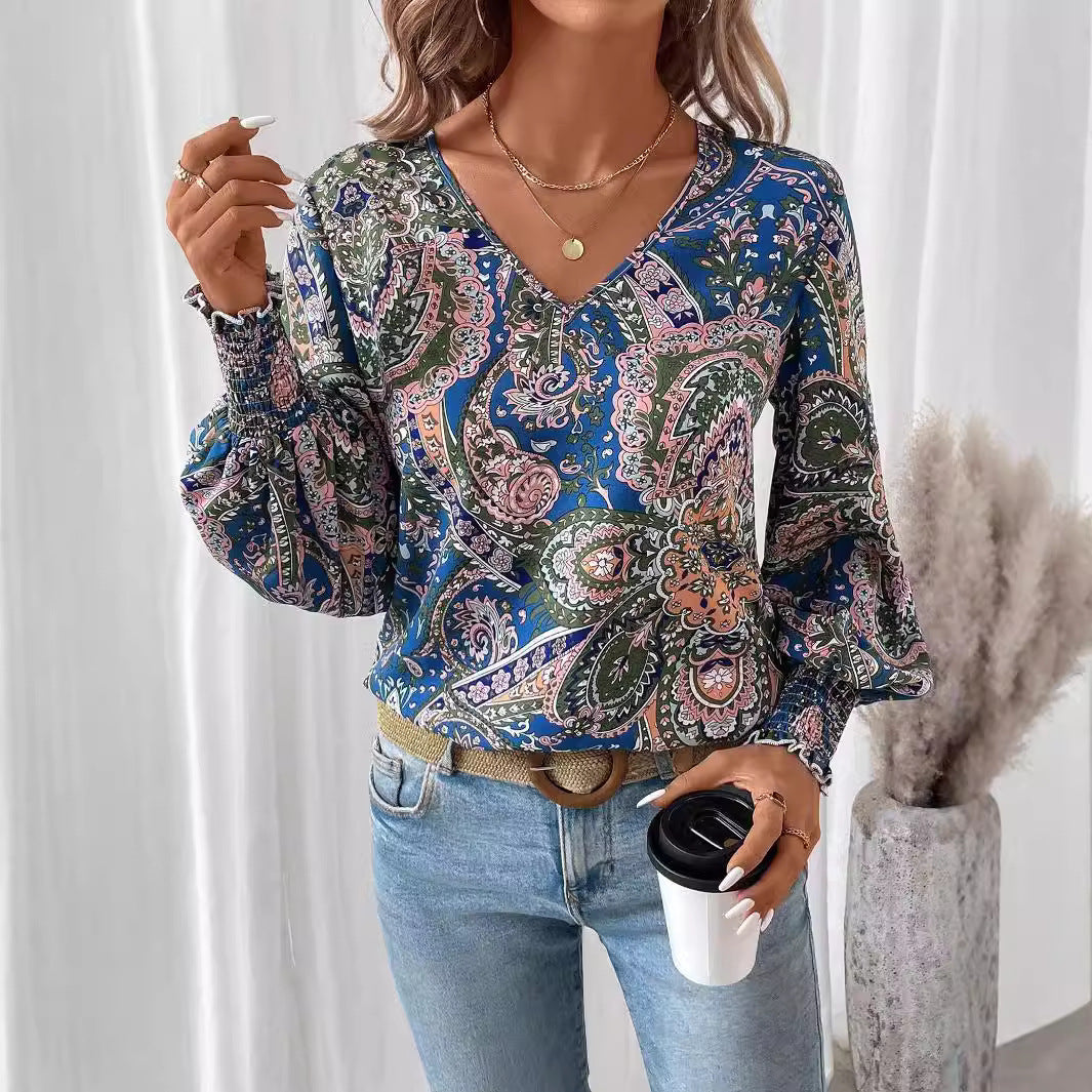 Printed V-Neck Lantern Sleeve Top