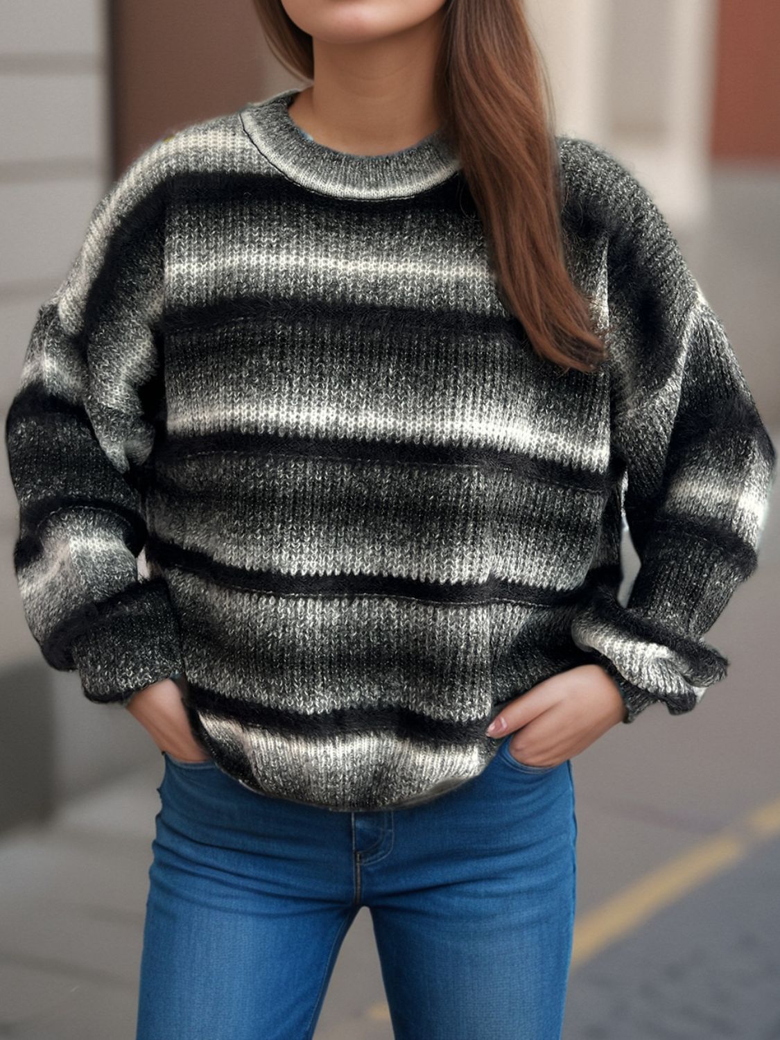 Gradient Round Neck Dropped Shoulder Sweater