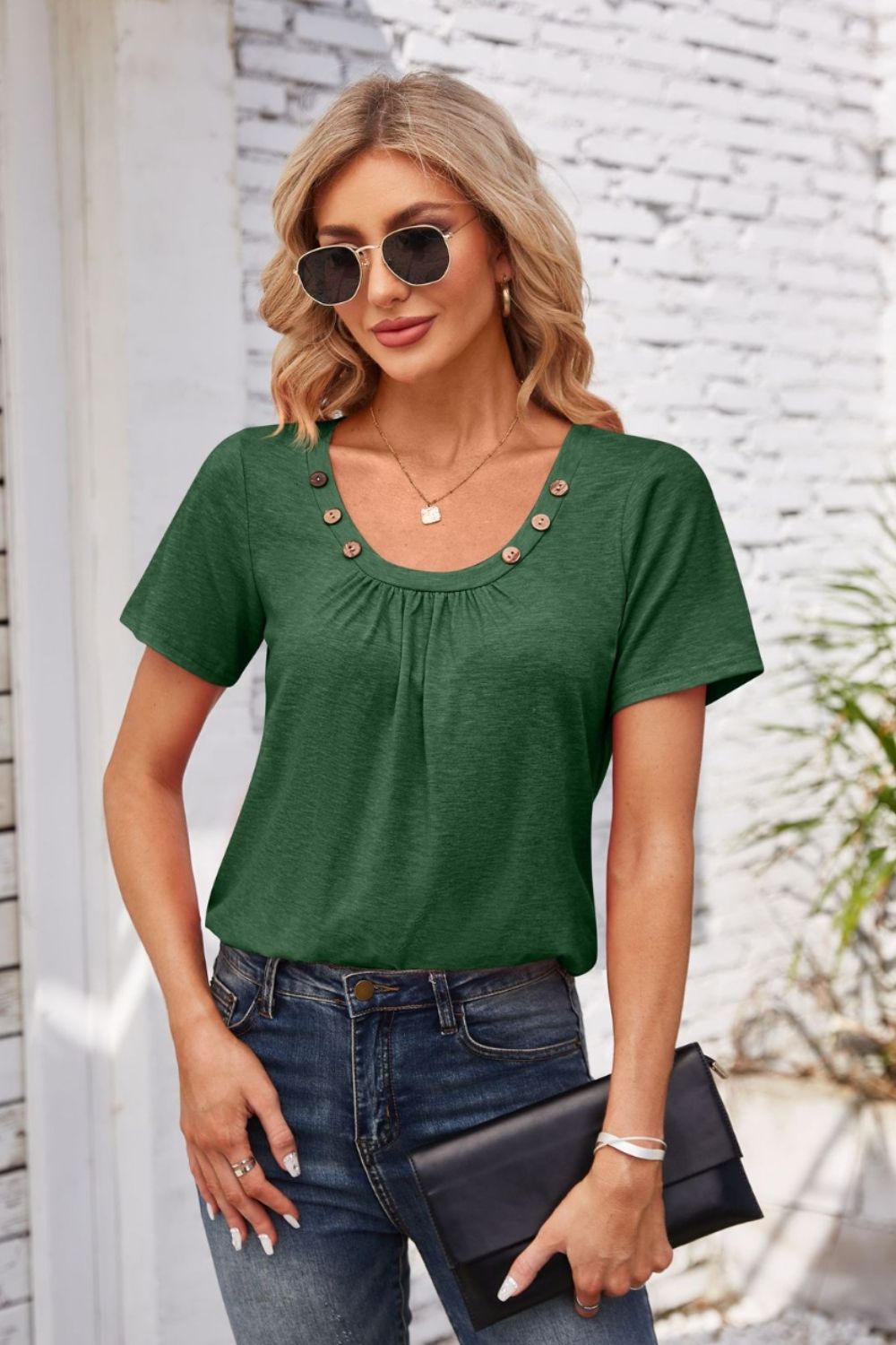 Decorative Button Scoop Neck T-Shirt