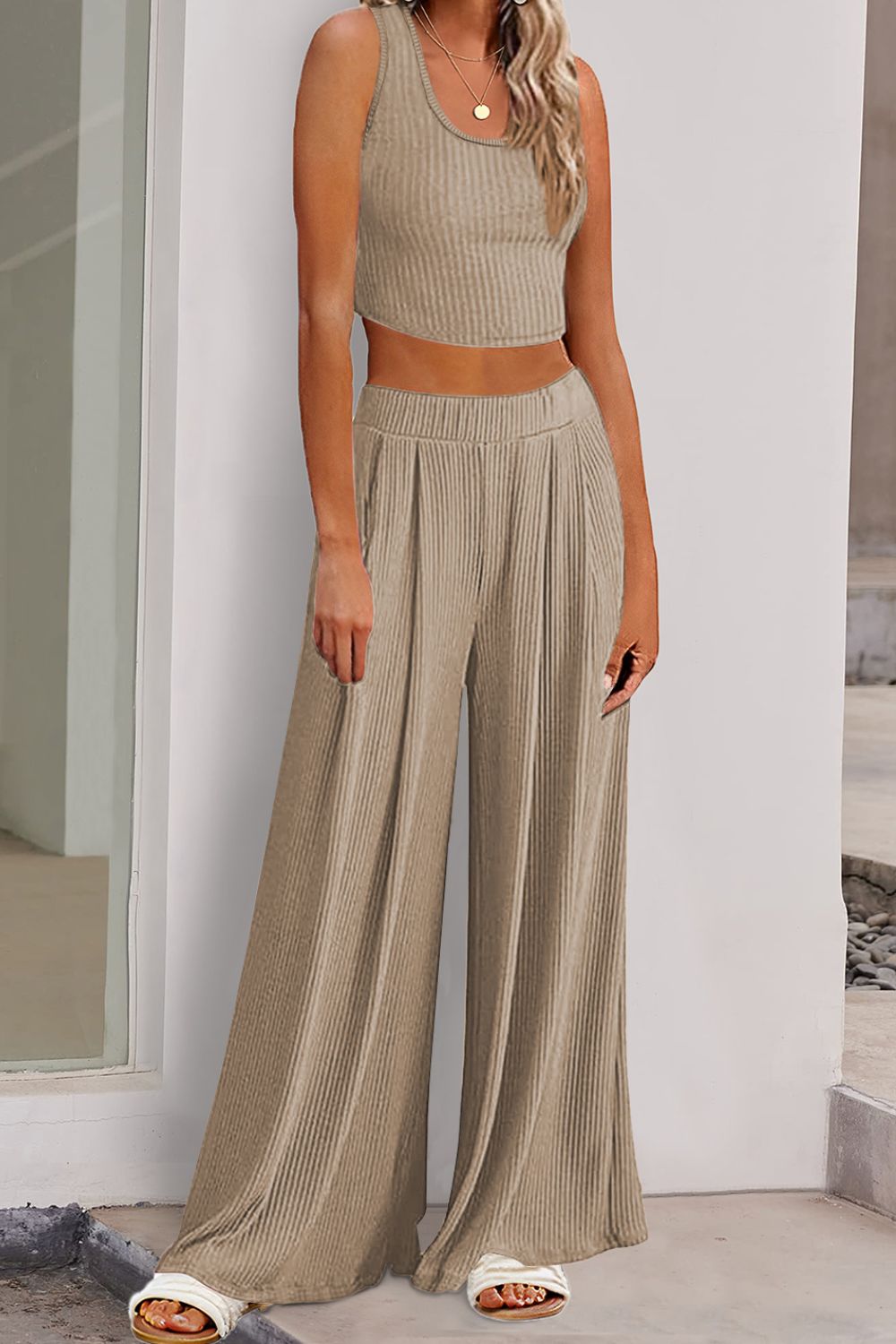 Scoop Neck Top and Wide Leg Pants Set