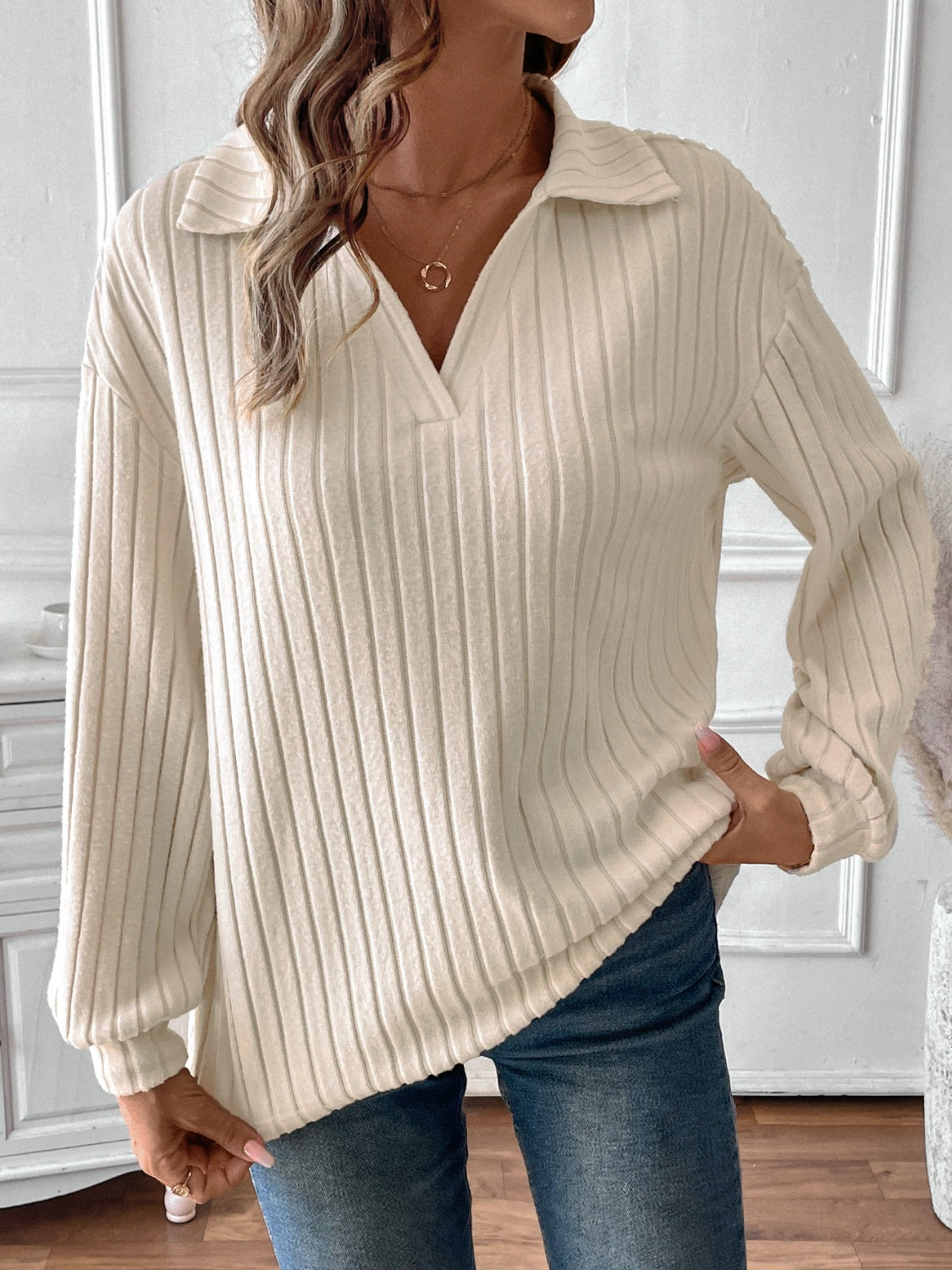 Ribbed Johnny Collar Long Sleeve T-Shirt