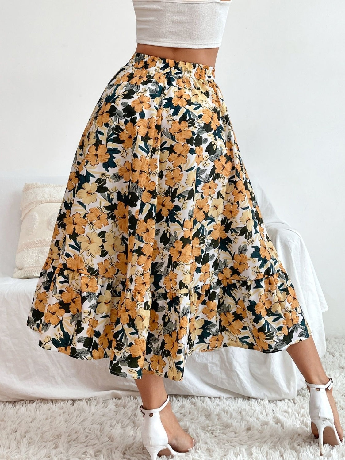 Printed Ruffle Hem Midi Skirt