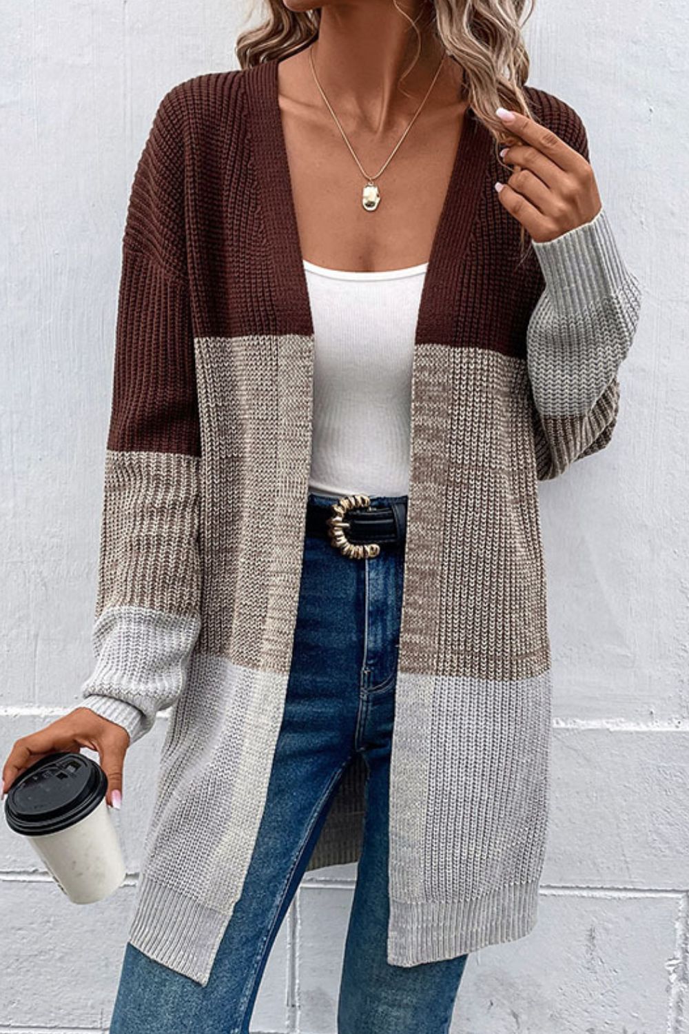 Perfee Woven Right Color Block Open Front Rib-Knit Longline Cardigan