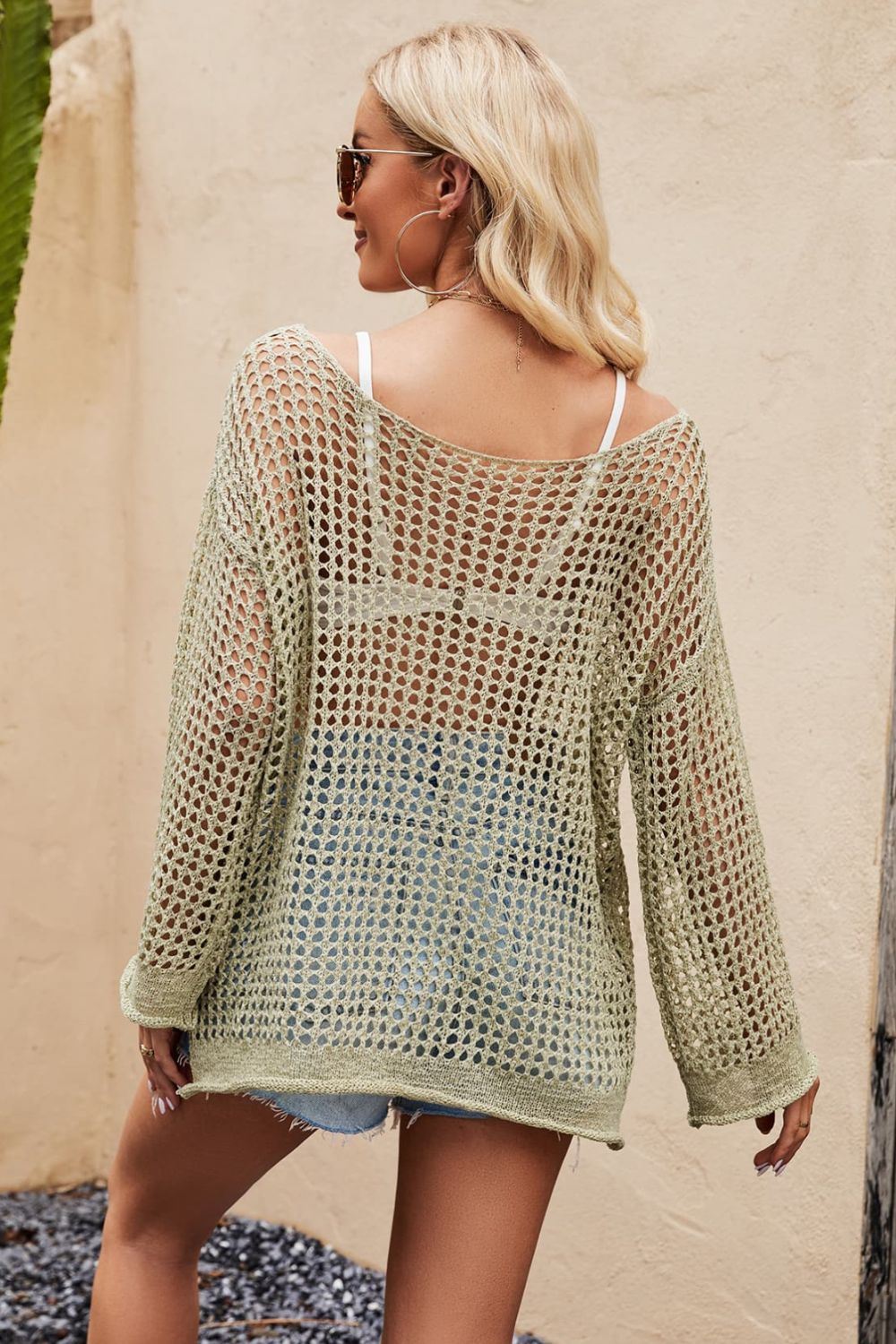 Openwork Round Neck Long Sleeve Cover Up