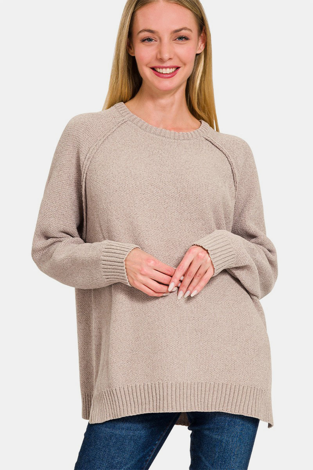 Zenana Side Slit Raglan Sleeve Sweater