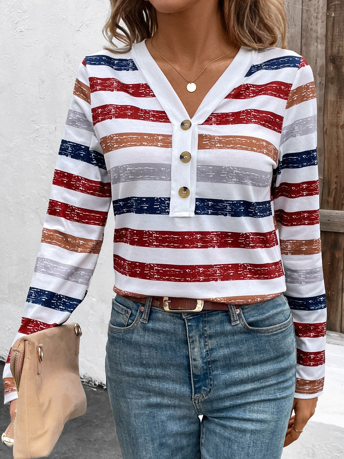 Contrast Striped V-Neck Long Sleeve T-Shirt