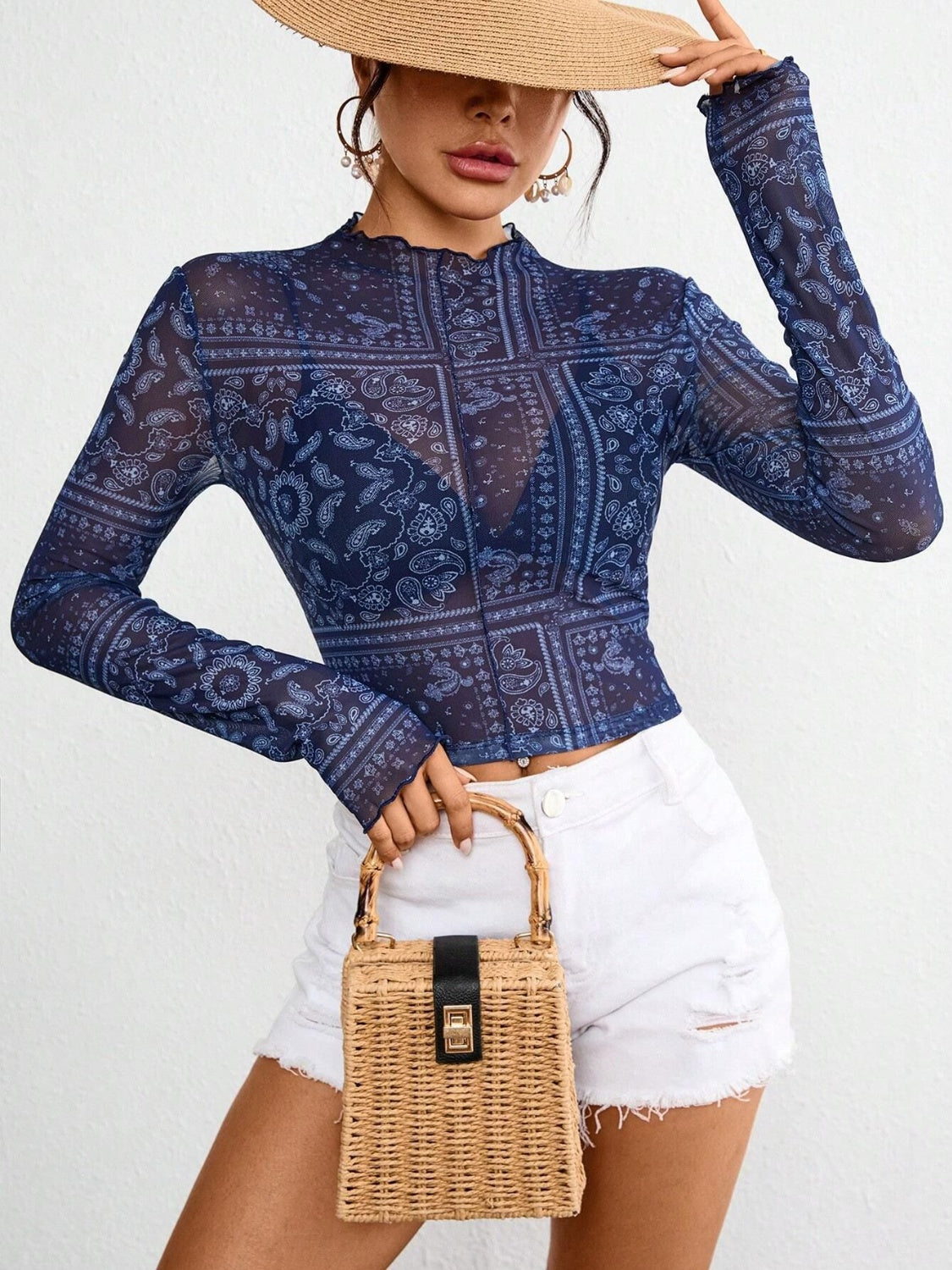 Paisley Mock Neck Long Sleeve Sheer Top