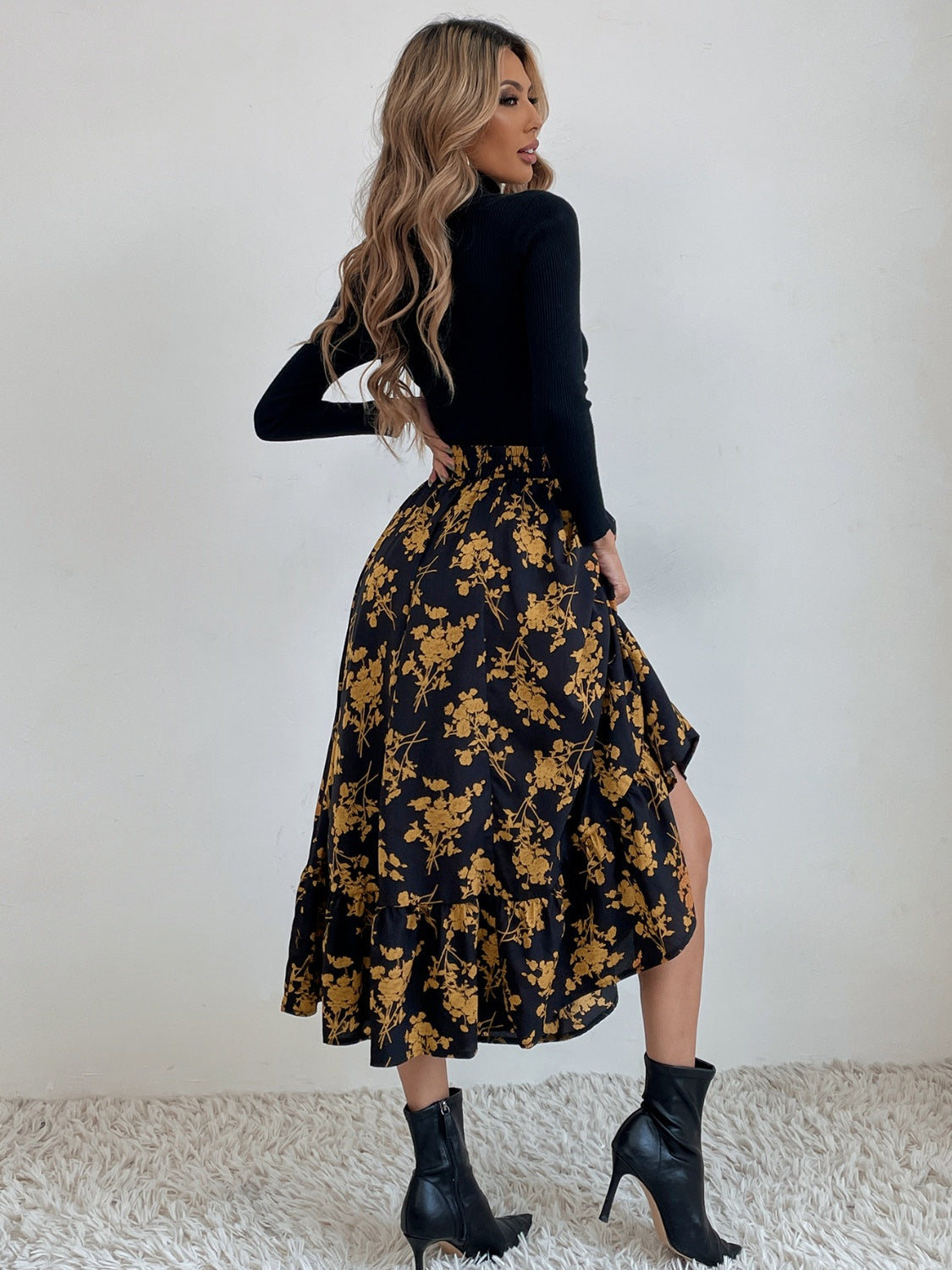 Printed Ruffle Hem Midi Skirt