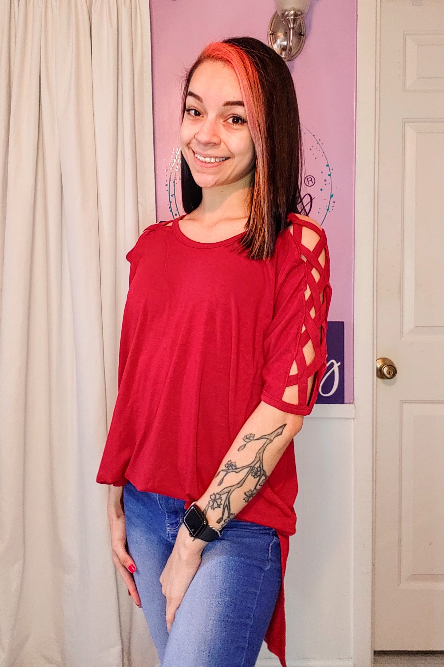Kenna Cross Sleeve Top in Red (S-XL)