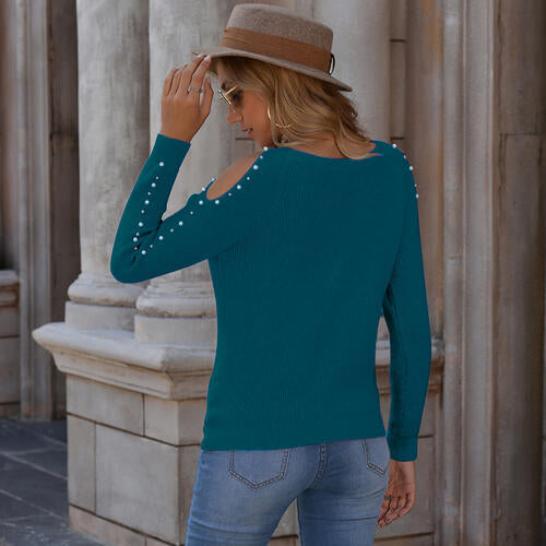 Pearl Patchwork Cold Shoulder Sweater 3 Colors