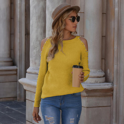 Pearl Patchwork Cold Shoulder Sweater 3 Colors