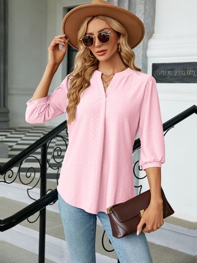 Textured Notched Three-Quarter Sleeve Blouse