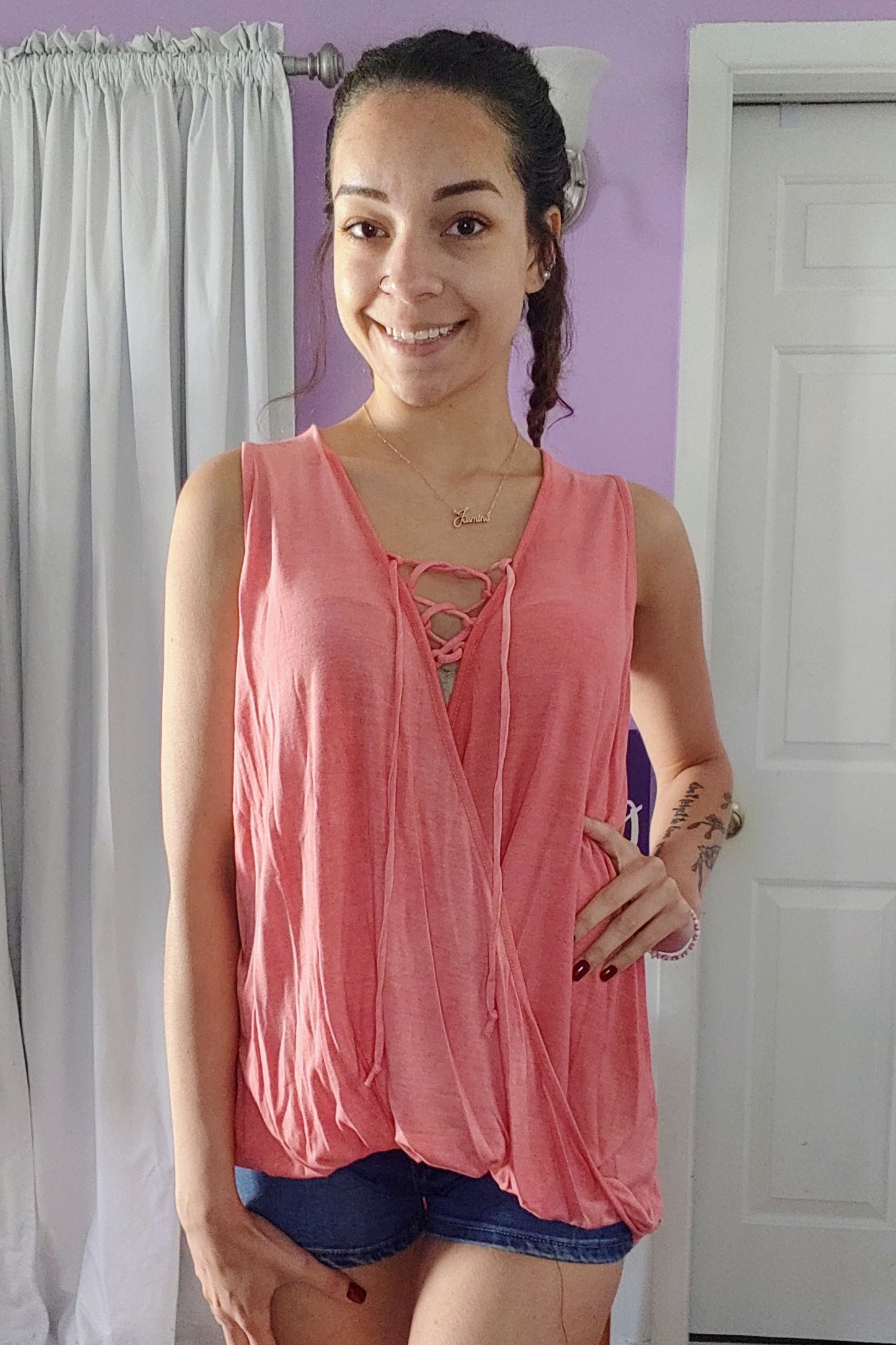 Coral Lace Up Cross Front Tank