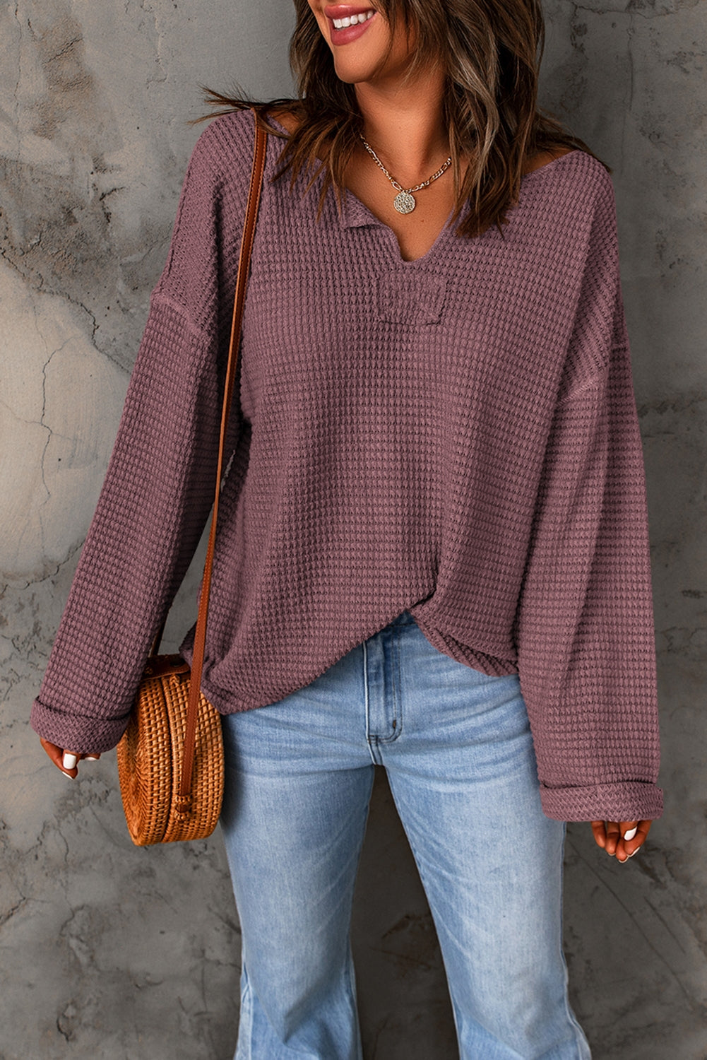 Notched Neck Drop Shoulder Blouse