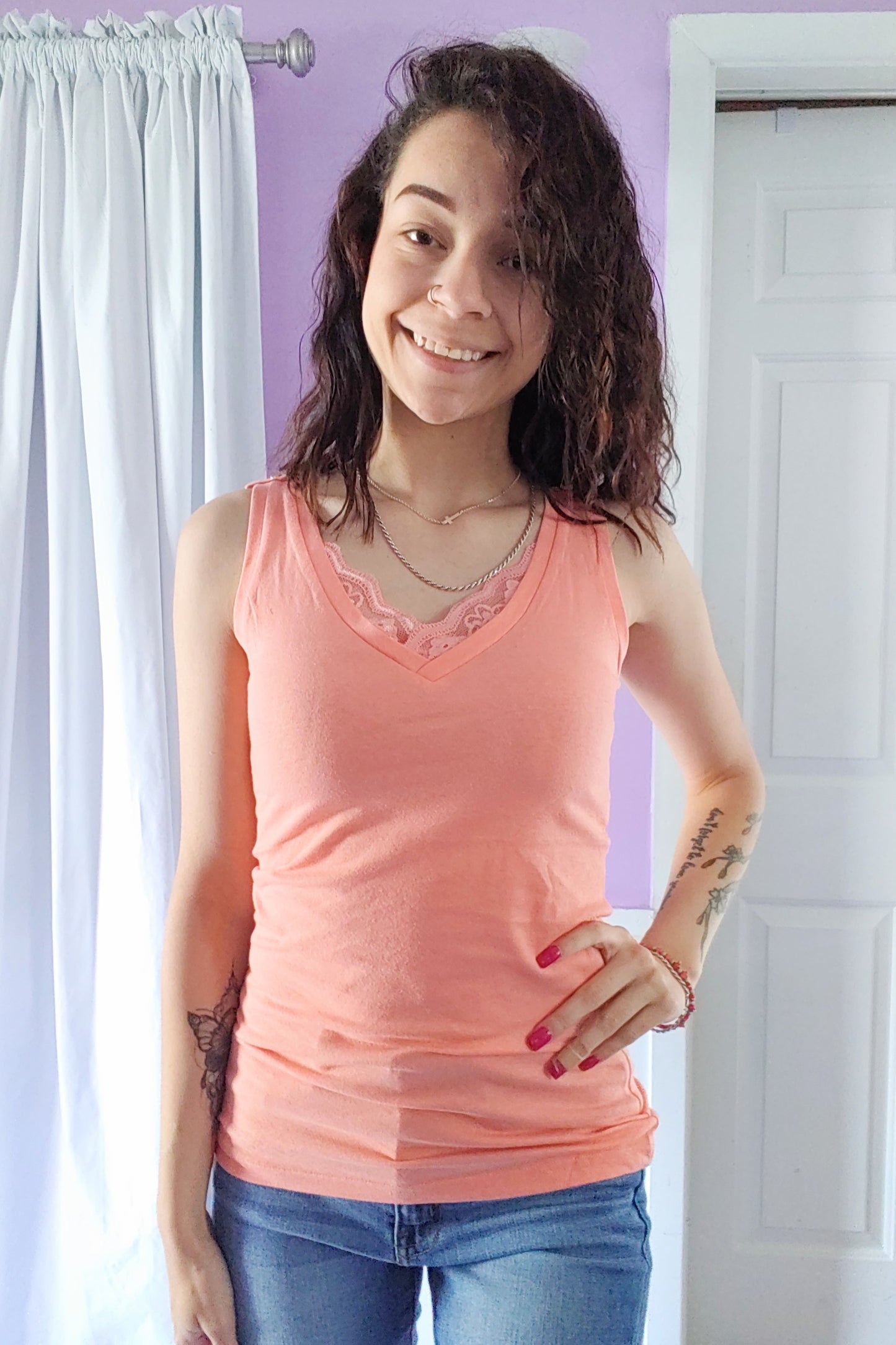 Lace Lined Neck Tank in Coral