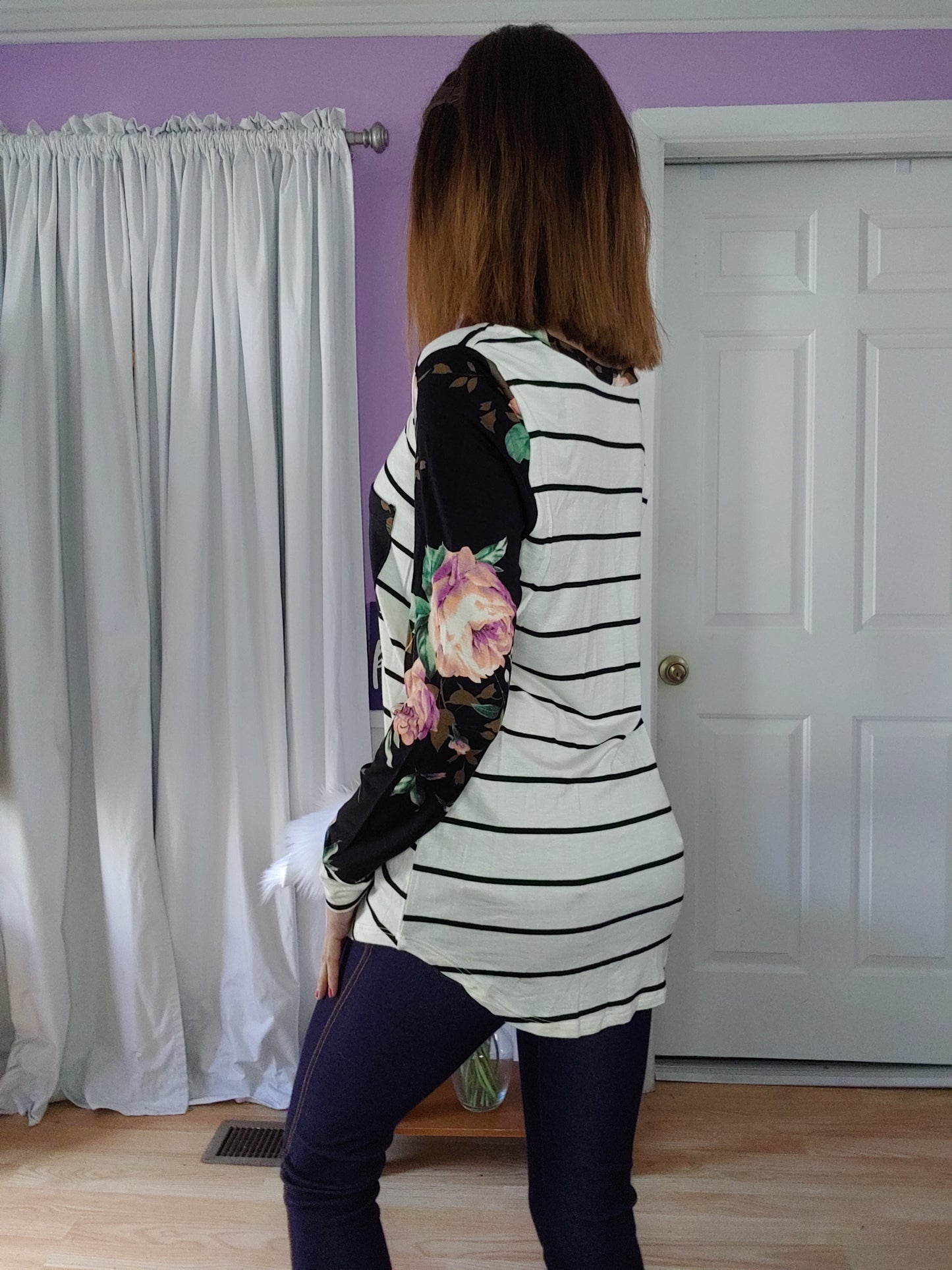 Black Striped Floral Sleeve Top (S-XL)