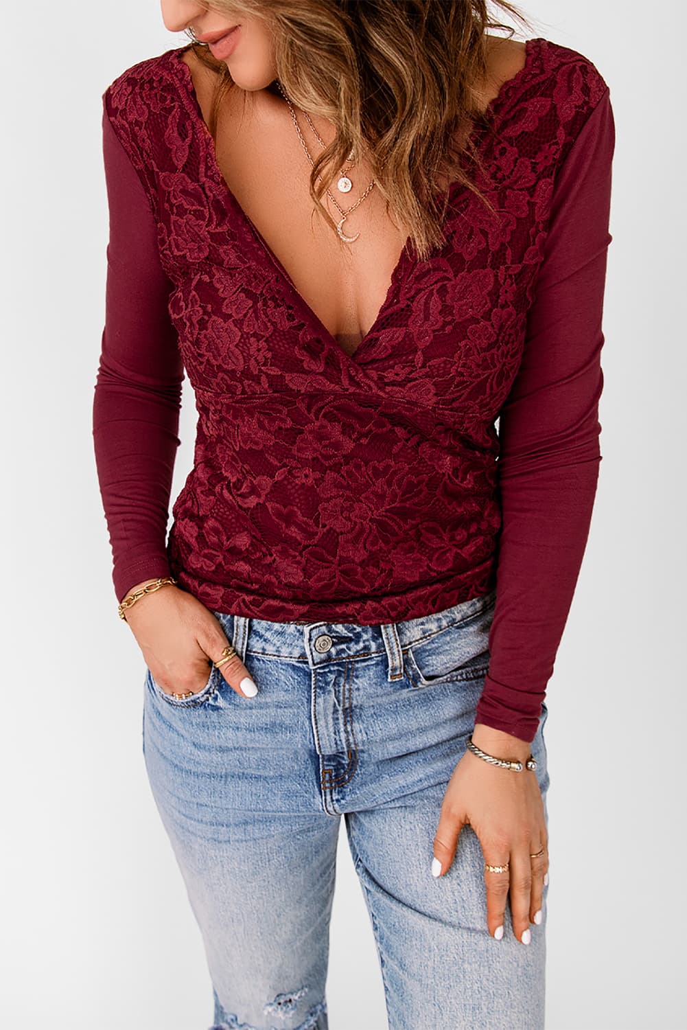 Double Take Lace Long Sleeve Plunge Blouse