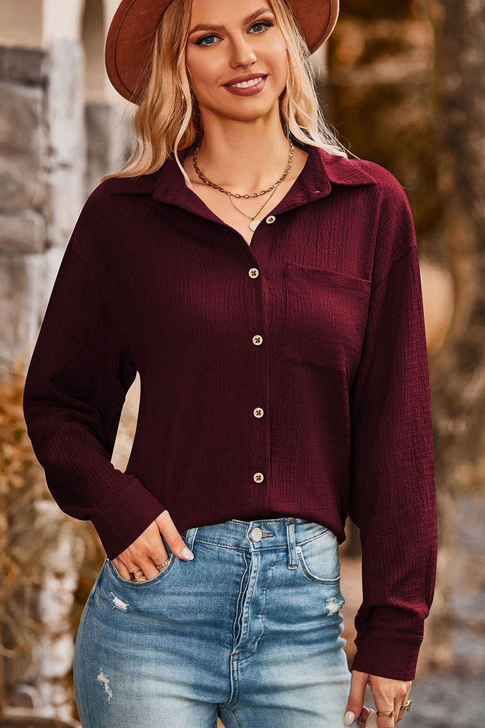 Twisted Collared Neck Long Sleeve Shirt