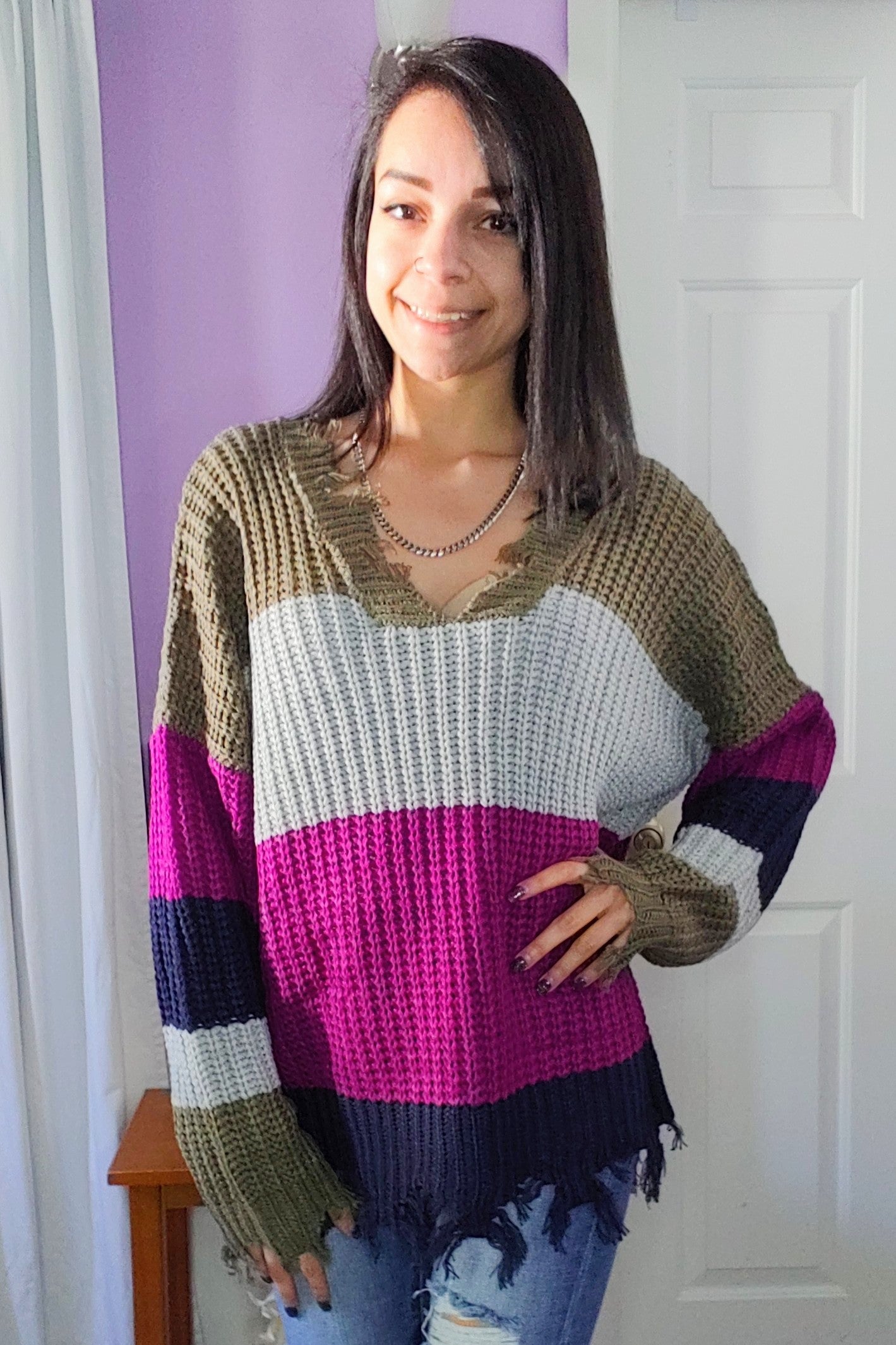 Distressed Colorblock Sweater in Purple