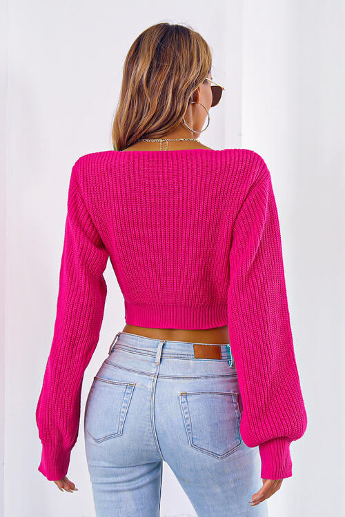 Bow V-Neck Long Sleeve Cropped Sweater 4 Colors