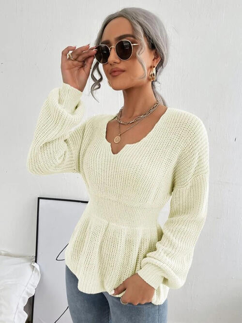 Notched Dropped Shoulder Knit Top 4 colors