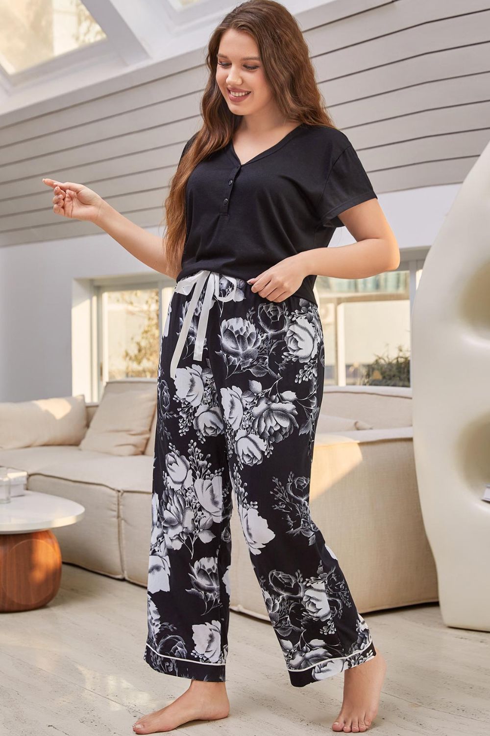 Full Size V Neck Top and Floral Pants Lounge Set The Purple Lily