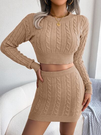 Cable-Knit Round Neck Top and Skirt Sweater Set 3 colors