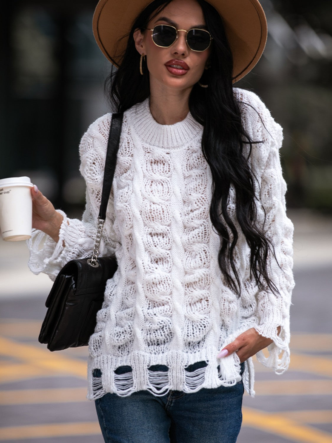 Cable-Knit Distressed Sweater