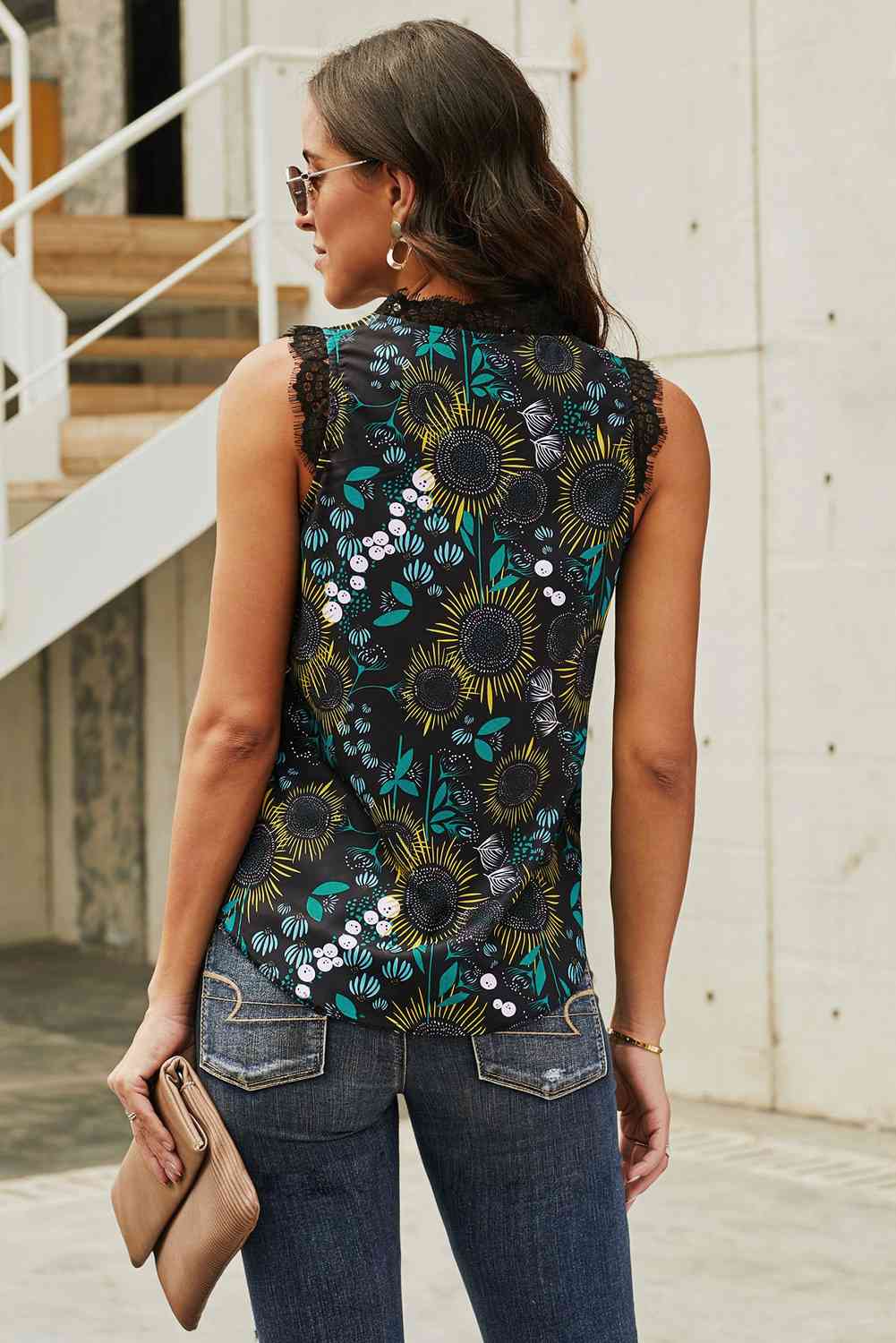 Sunflower Print Lace Trim Tank