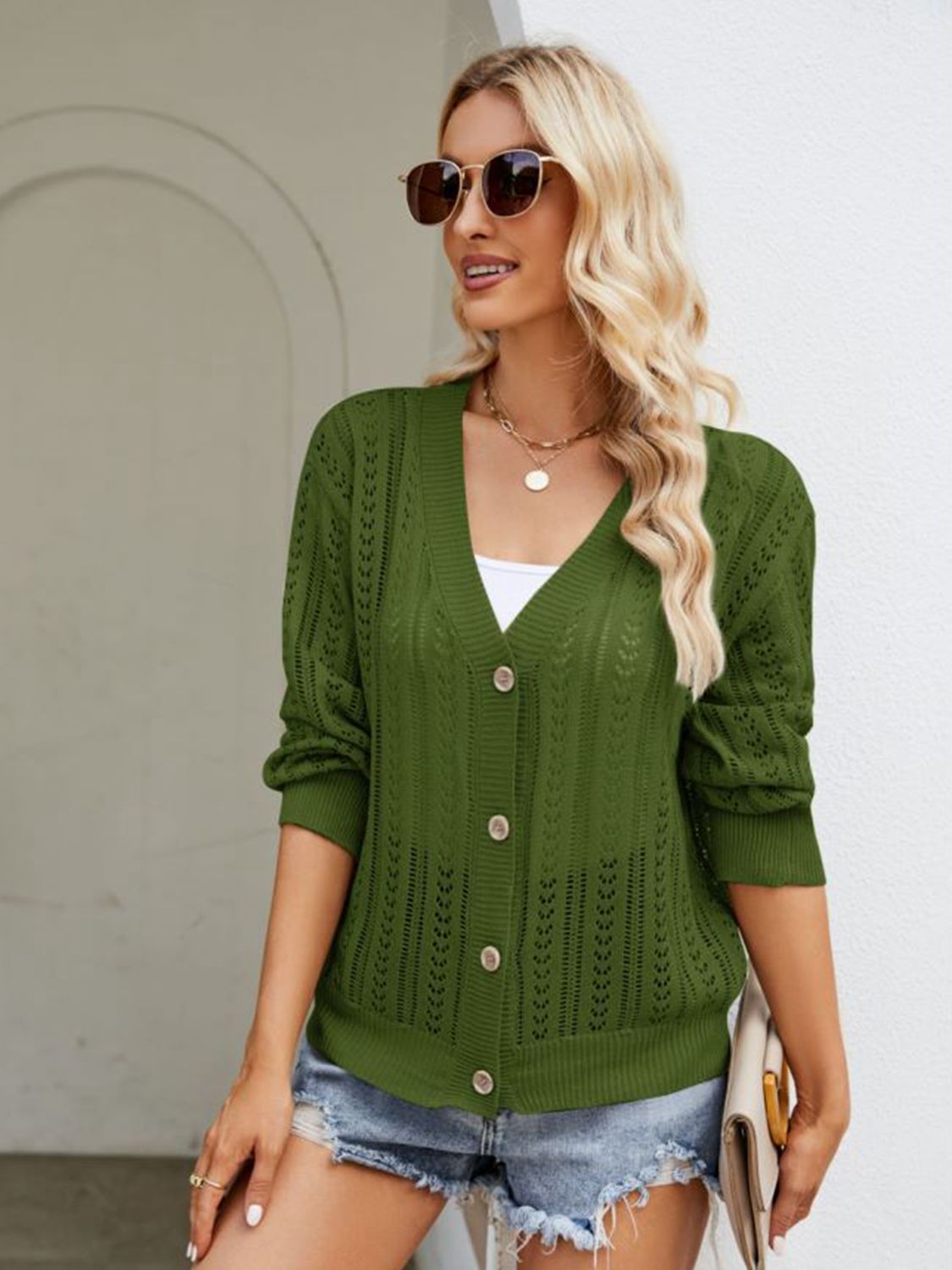 Button Down Ribbed Trim Cardigan