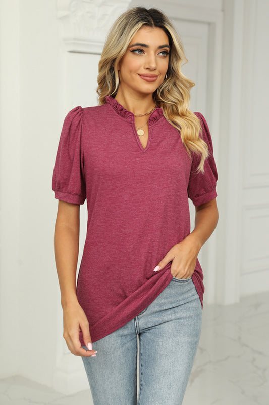 Notched Neck Puff Sleeve T-Shirt