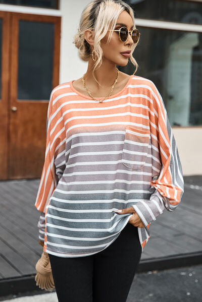 Pocketed Striped Round Neck Batwing Sleeve T-Shirt