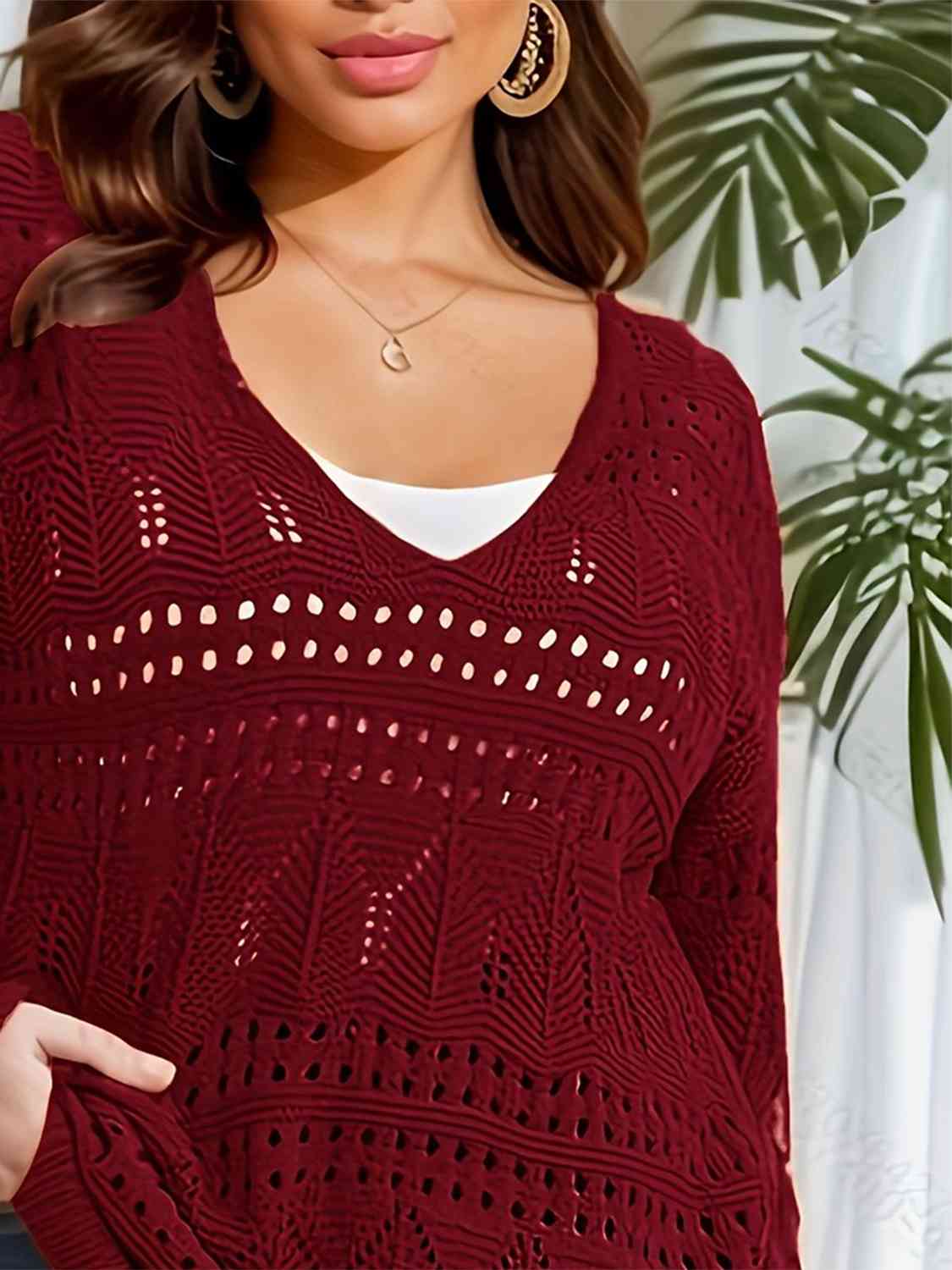 Plus Size Openwork Plunge Long Sleeve Sweater