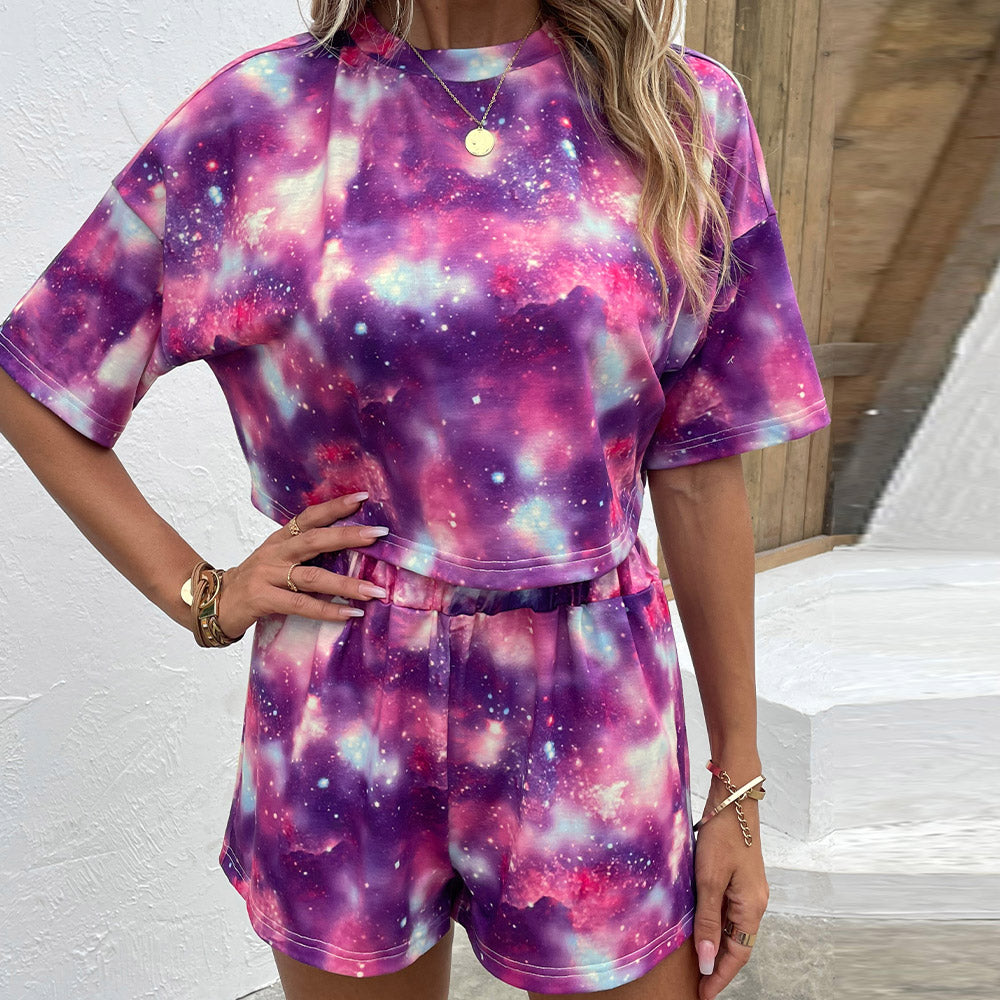 Tie Dye Round Neck Dropped Shoulder Half Sleeve Top and Shorts Set