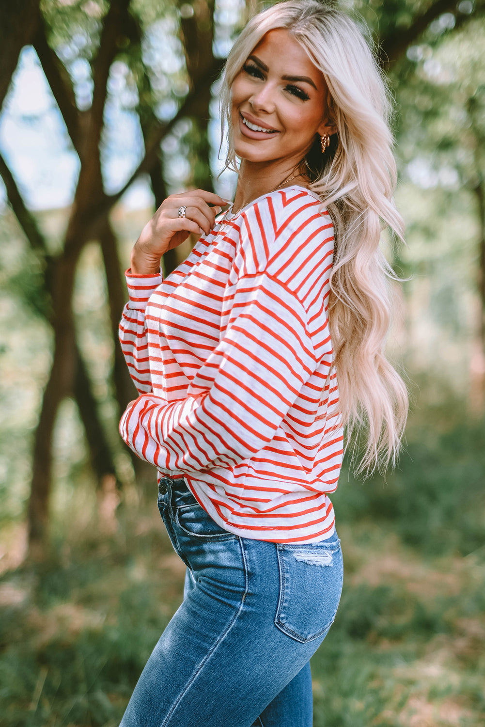 Striped Round Neck Dropped Shoulder Top